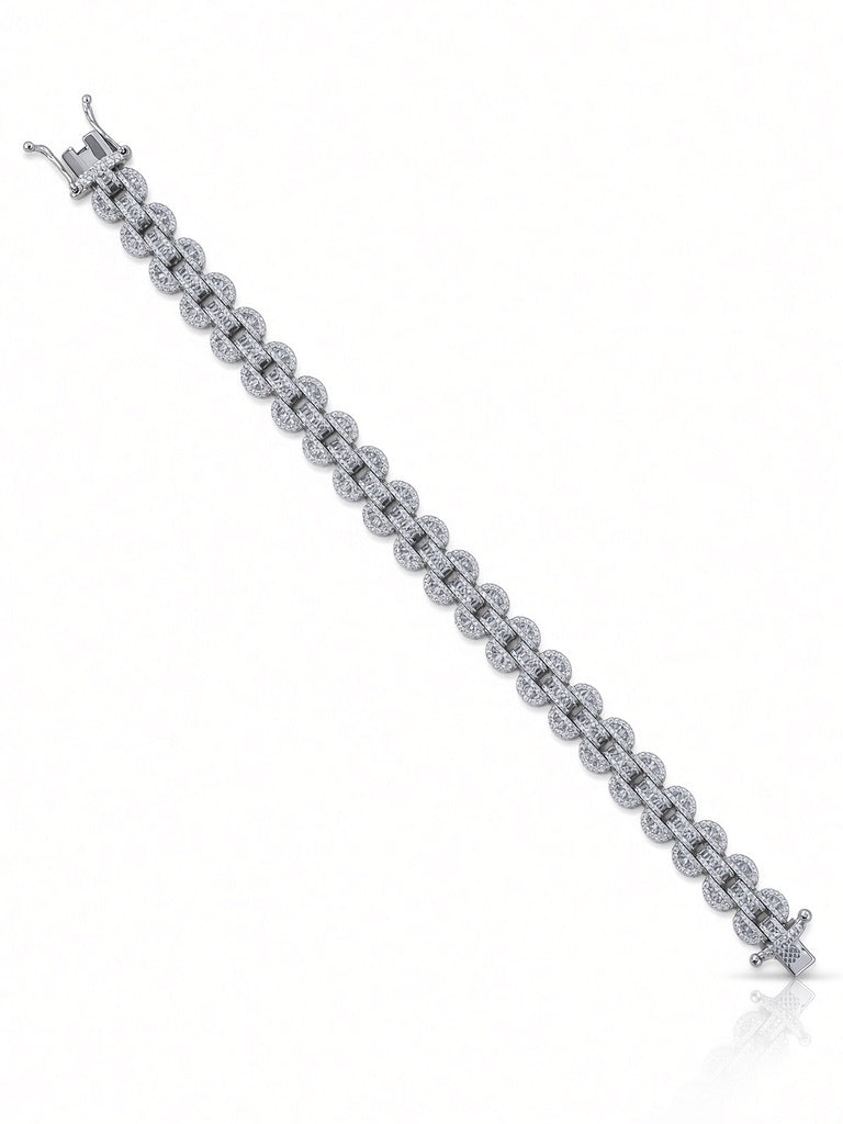 11mm men's circle link bracelet in 925 sterling silver, rhodium plated, set with cubic zirconia stones
