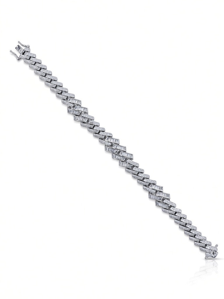 13mm men's cuban station bracelet in 925 sterling silver, rhodium plated, set with cubic zirconia stones