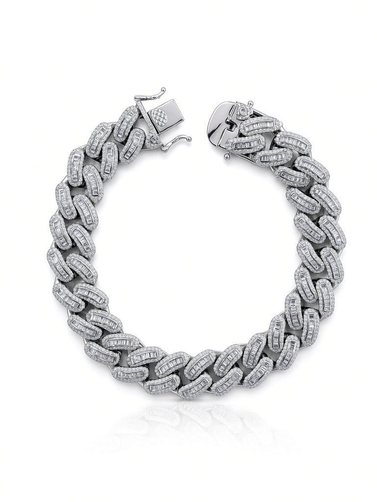 13.5mm men's cuban link baguette bracelet in 925 sterling silver, rhodium plated, set with cubic zirconia stones