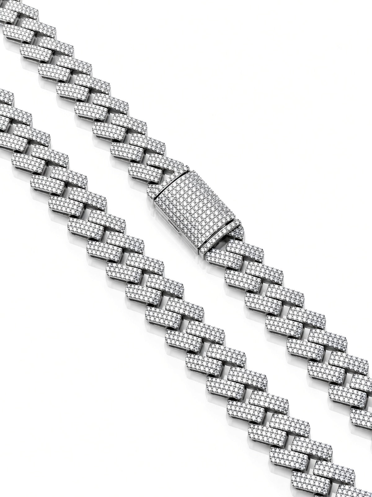 16mm cuban edge chain in 925 sterling silver, rhodium plated, set with cubic zirconia stones