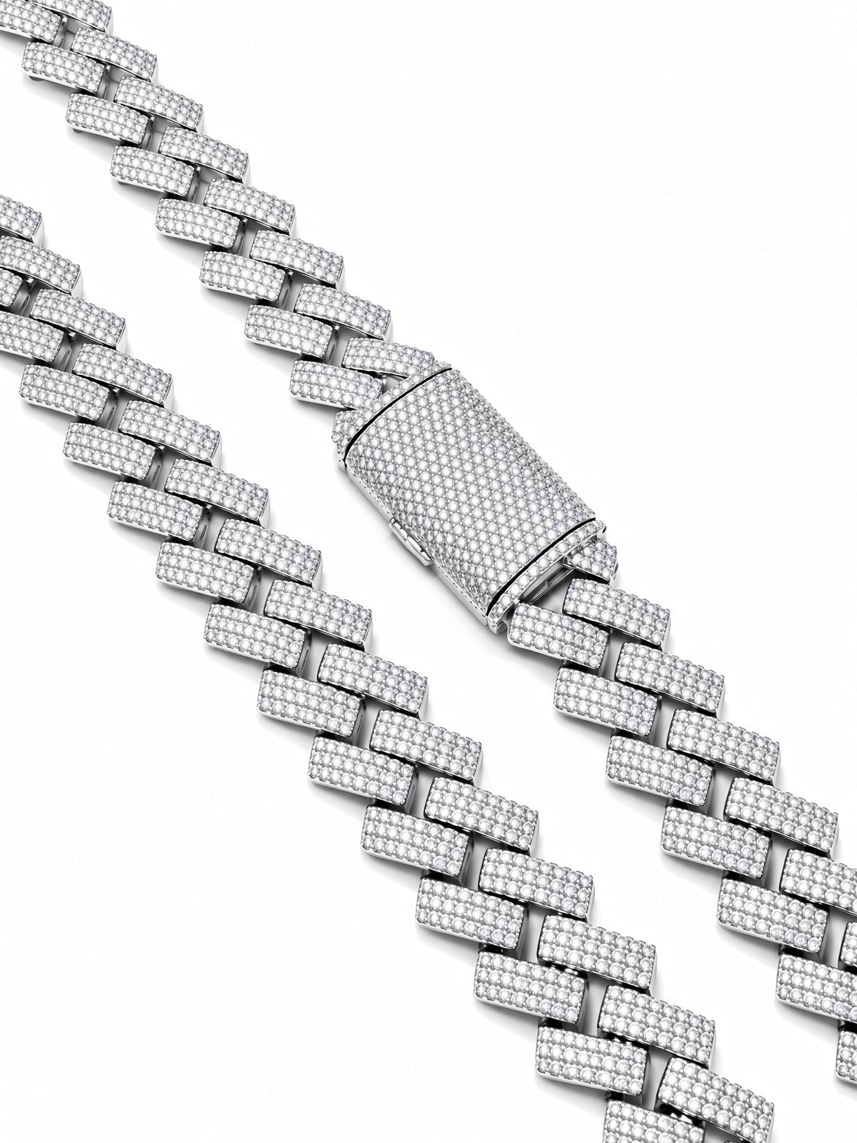 18mm cuban edge chain in 925 sterling silver, rhodium plated, set with cubic zirconia stones