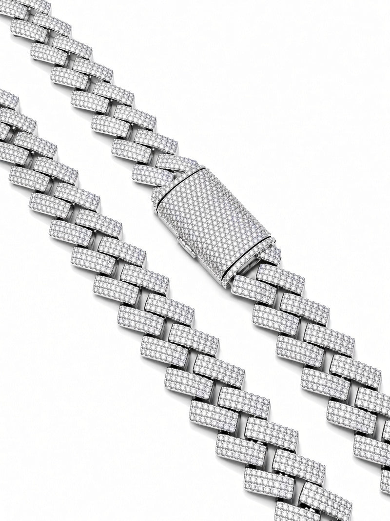 18mm cuban edge chain in 925 sterling silver, rhodium plated, set with cubic zirconia stones