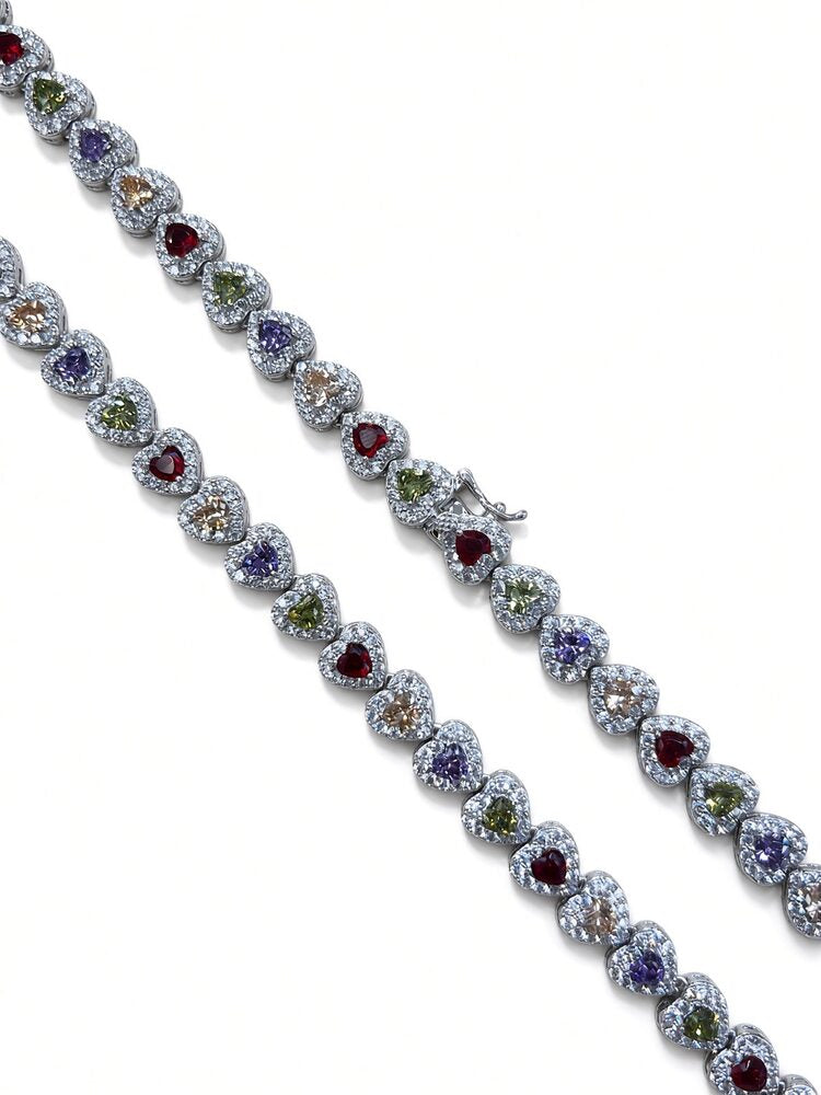 6.5mm halo heart tennis chain in 925 sterling silver, rhodium plated, multicolor cubic zirconia stones