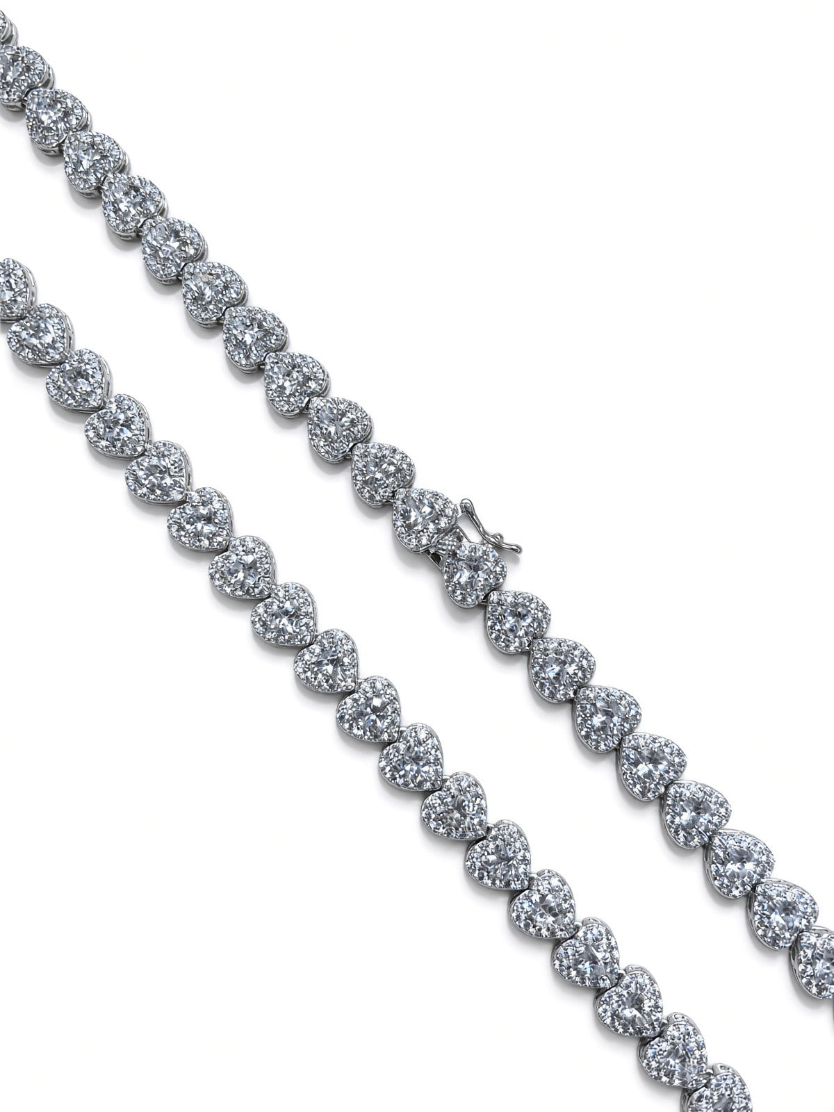6.5mm halo heart tennis chain in 925 sterling silver, rhodium plated, clear cubic zirconia stones