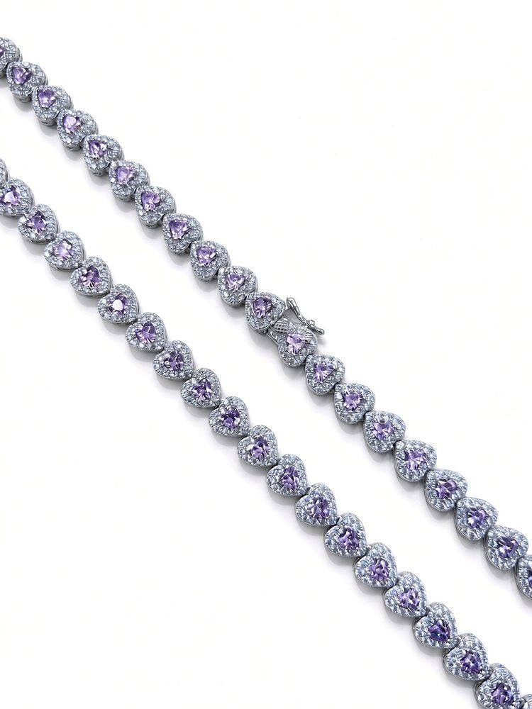 6.5mm halo heart tennis chain in 925 sterling silver, rhodium plated, purple cubic zirconia stones