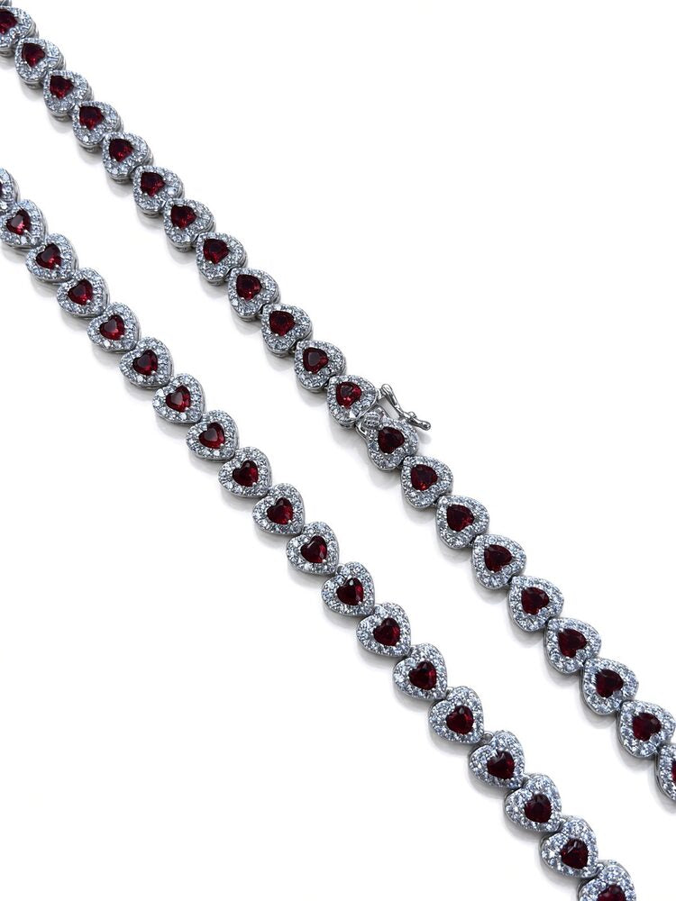 6.5mm halo heart tennis chain in 925 sterling silver, rhodium plated, ruby red cubic zirconia stones