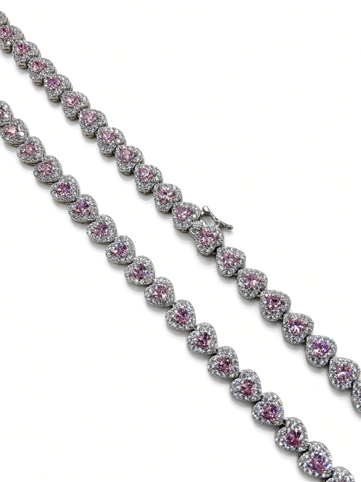 6.5mm halo heart tennis chain in 925 sterling silver, rhodium plated, pink cubic zirconia stones