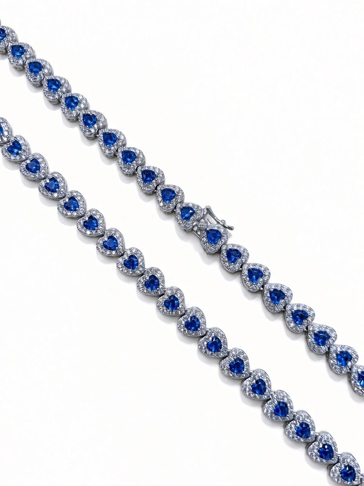 6.5mm halo heart tennis chain in 925 sterling silver, rhodium plated, blue cubic zirconia stones
