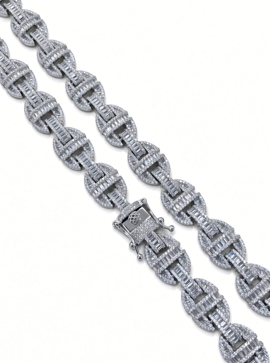 13mm baguette mariner chain in 925 sterling silver, rhodium plated, set with cubic zirconia stones